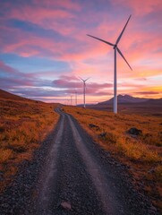 Obraz premium A scenic dirt road leads through a vibrant landscape dotted with wind turbines against a colorful sunset sky.