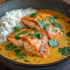 Coconut curry salmon with jasmine rice in warm inviting setting