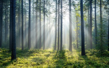 Obraz premium Misty morning in a pine forest with soft sunlight filtering through
