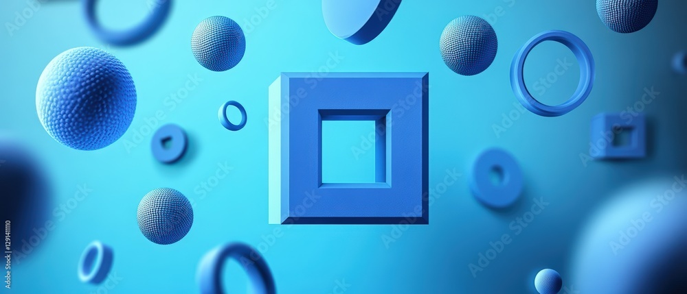 Poster vibrant blue wall adorned with an array of unique objects creating a colorful and eclectic decorativ