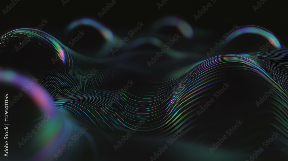 Poster abstract waves and spherical structures with holographic glow for digital design