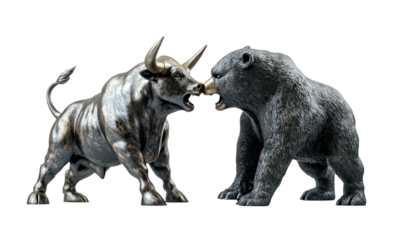 Dramatic Encounter Between Bull and Bear Symbolizing Market Trends Isolate on Transparent Background, cutout, png