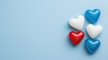 Fototapeta premium Colorful minimalist heart jelly candies on soft blue background sweet treats playful vibe aesthetic view
