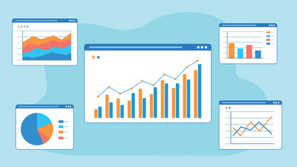 Vector graphics of data charts. Graphs are found on web page tiles. Illustration in flat design style. Pie chart, line chart and others.