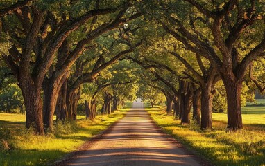 Serene countryside road lined with ancient oak trees