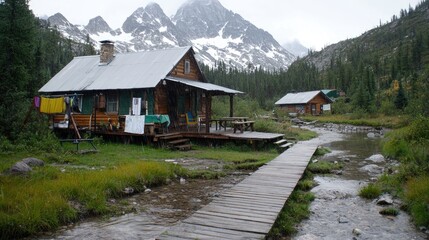 Fototapeta premium Mountain Cabin Lakeside Wooden Walkway