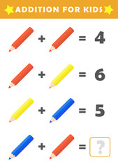 Fun Math Logic Puzzles for Kids. Math Game with Cute Colored Pencils Pictures. Math Activities for Children. Addition for Kids.