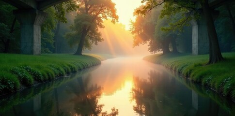Misty dawn on serene waterway under concrete bridge, lush greenery surrounds the scene, misty dawn, nature, serene