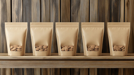 Bags of cookies on a shelf, showcasing the freshness of the contents. Ideal treat presentation. Simple packaging conveys reliability and quality.