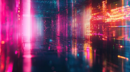 Neon City Grid: A mesmerizing view of a futuristic cityscape shimmering with neon lights, creating a sense of advanced technology and urban life, showcasing innovation and digital atmosphere.