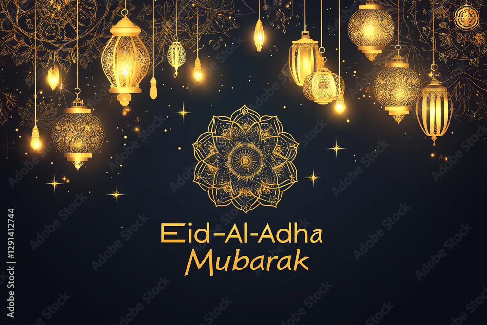 Fototapete a festive design with golden mandala patterns and hanging lanterns on a dark background. the text 