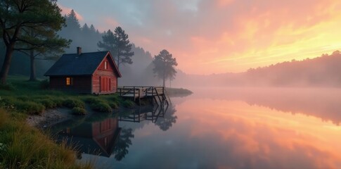 Fototapeta premium Misty dawn over lake cottage on wooden bridge, lake, dawn, landscape