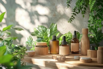 Organic skincare products, natural ingredients on display, 3D illustration