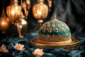 A festive Eid cake in a dome shape, decorated with edible lace patterns and gold foil, placed on a silk fabric with hanging lanterns in the background