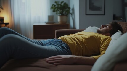 Abdominal pain from bloating, a person lying on a sofa with a hand on their stomach. Featuring discomfort and digestive relief