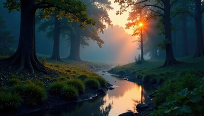 Fototapeta premium Misty forest at dusk with a winding creek in the foreground, foliage, peaceful, trees