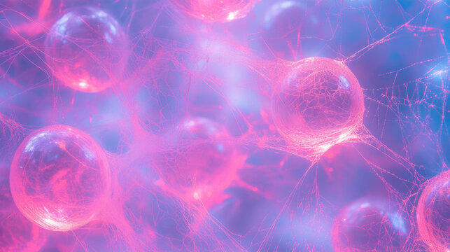 Neon illuminated spiderweb background with glowing abstract orbs and fibers