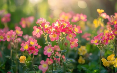 Obraz premium Vibrant pink and yellow flowers glowing in morning sunlight
