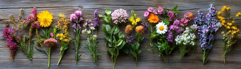 Obraz premium Wild and ethical lifestyle a collection of herbs and flowers on rustic wood nature close-up serene environment