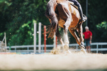 A close-up of a horse galloping with intensity in a sandy arena during an equestrian event,...