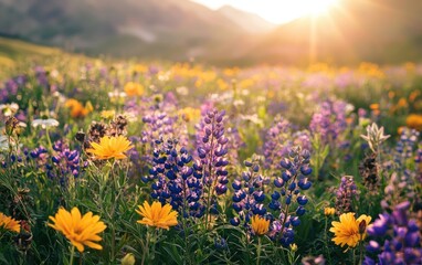 Fototapeta premium Wildflower field bursting with bright colors in the sunshine