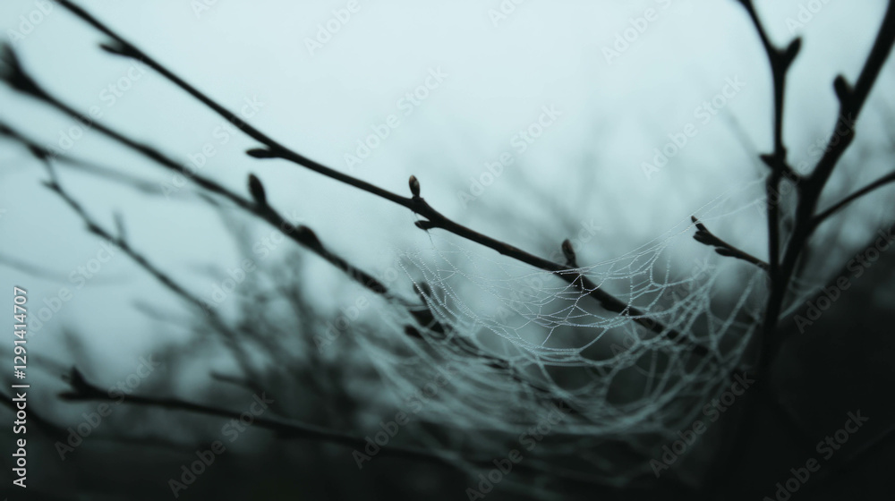 Poster mystical spiderweb on dark branches in foggy atmosphere