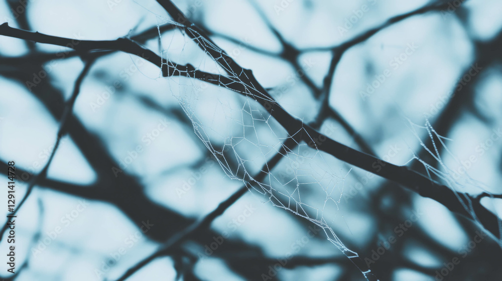 Poster Mysterious web on dark branch background for halloween design