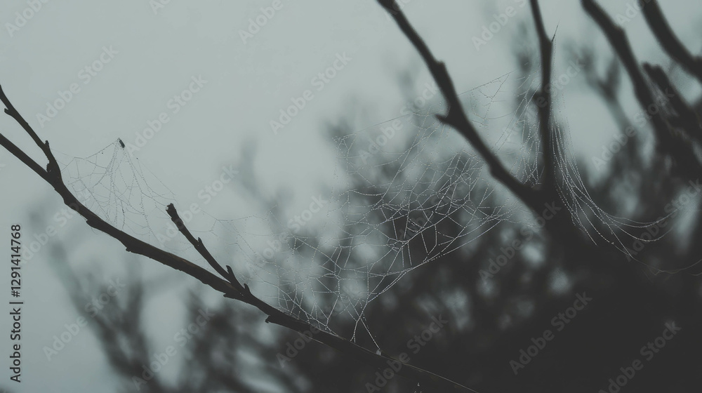 Aufkleber mysterious spiderweb stretched across dark branches in foggy forest