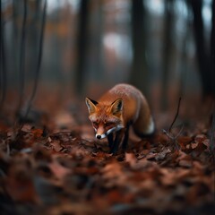 Naklejka premium Red fox walking in autumn forest; nature wallpaper