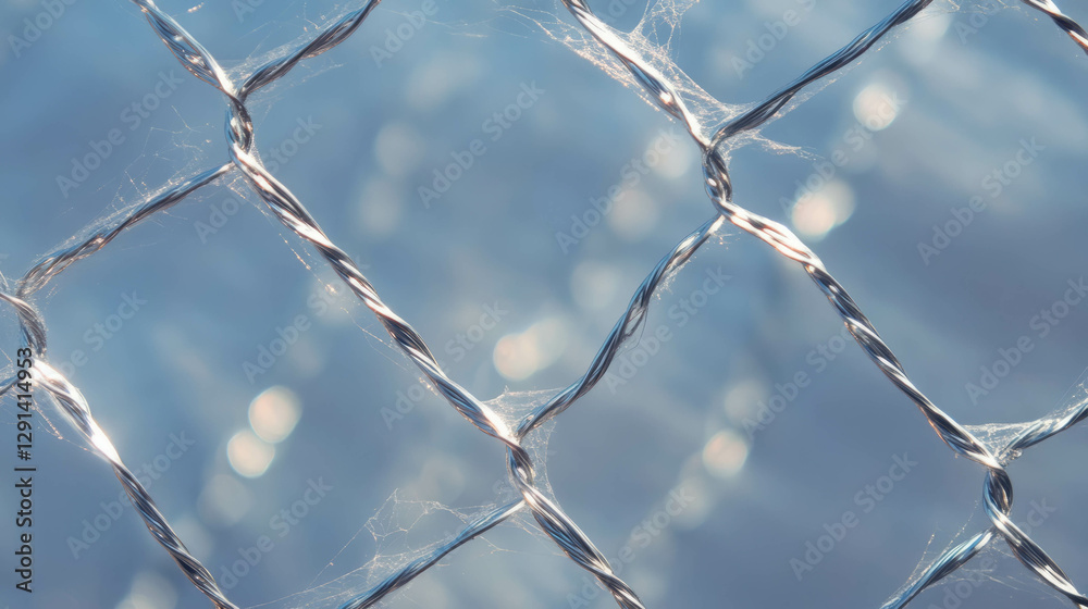 Poster Intricate spiderweb on metallic surface with soft background blur