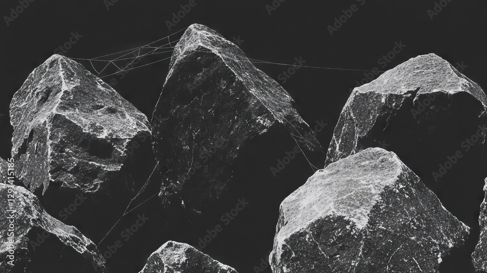 Poster intricate spiderweb on jagged rocks in black and white for nature and texture design