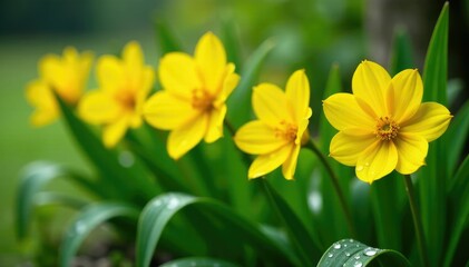 Row of bright yellow flowers with glistening water droplets on the leaves, row, nature