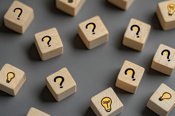Wooden Blocks with Questions and Lightbulb Icons on Gray Surface