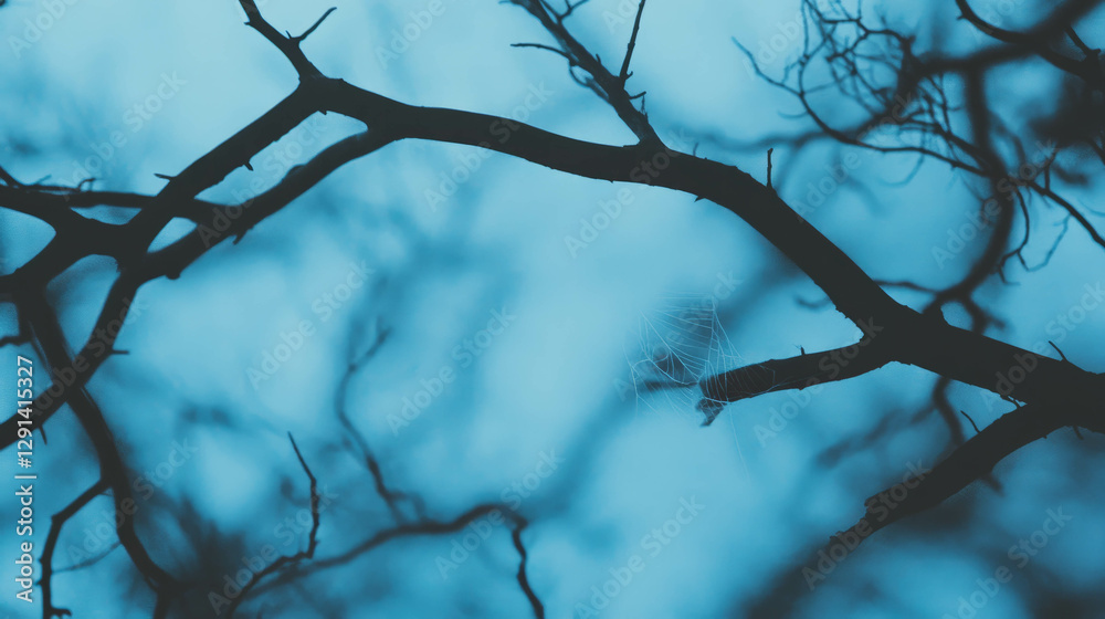 Poster mysterious spiderweb on bare branches with blue background for nature decor