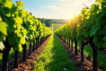 Naklejka premium rows of vines with sunlight filtering through leaves, rustic, vineyard landscape, grapes
