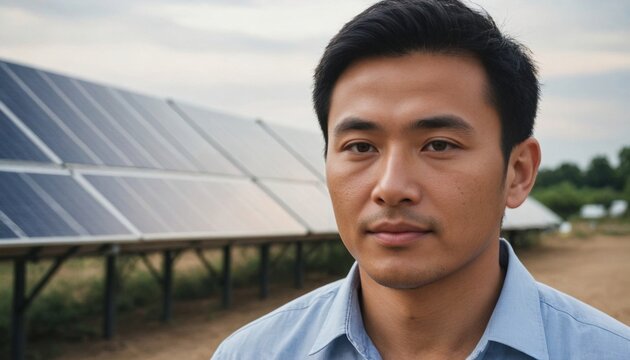 East Asian Male Renewable Energy Expert with Solar Installation Background, Determined Expression and Clean Energy Focus