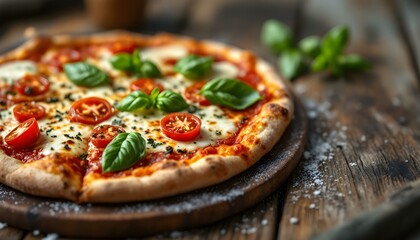 Pizza Margherita, wood-fired crust, fresh mozzarella, cherry tomatoes