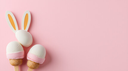 Easter Ice cream. Easter-themed dessert with bunny ears on a pink background.