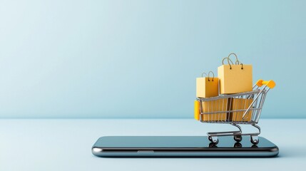 Smartphone with Shopping Cart and Yellow Paper Bags Representing Online Shopping and E-commerce Concept on Light Background