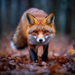 Naklejka premium Red fox walking in autumn forest, leaves, wildlife