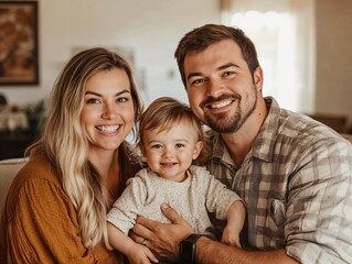 Obraz premium Smiling Family of Three Sitting Together on a Couch in a Bright Living Room, Warm Natural Light