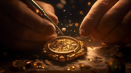 Crafting Time: Close-up shot of a skilled artisan meticulously working on a golden watch, intricate details come alive as hands bring the watch to life, symbolizing precision and dedication.