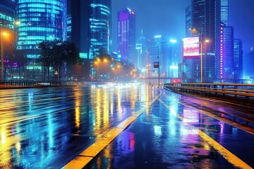 Obraz premium Wet city street reflects lights of tall buildings at night