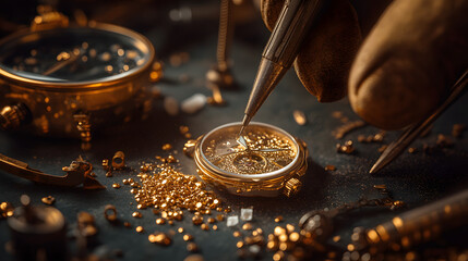 Artisan's Precision: A close-up captures the meticulous craft of a watchmaker, their hands delicately working on a golden timepiece. showcasing the expertise and the timeless elegance of horology