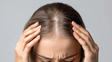 Naklejka premium Woman with head pain or migraine holding her head in distress showing signs of discomfort against a neutral background