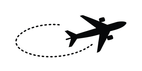 Silhouette of an airplane in flight with a dotted route.
