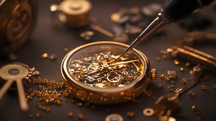 Intricate Timepiece Craftsmanship: A close-up shot showcases the meticulous process of watch repair, with gleaming gold components, tools.