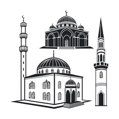 Islamic architecture slender minaret with arched windows,a domed structure with an ornate top.  