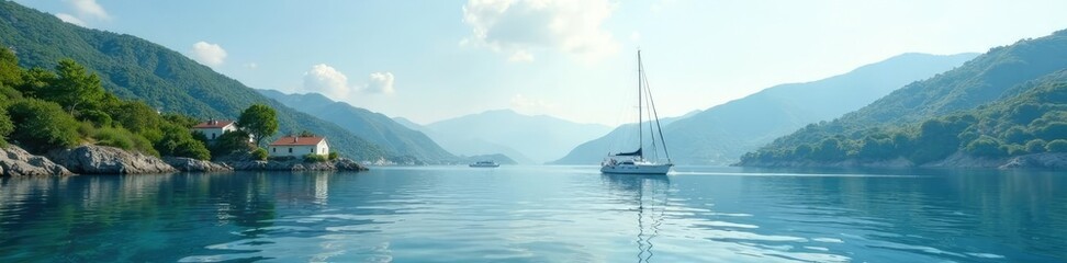 Fototapeta premium Sailboat gliding on calm Mediterranean waters with green hills, sail, sailboat,