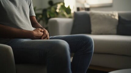 Abdominal pain from bloating, a person seated in a modern living room holding their stomach. Featuring discomfort and bloating relief methods